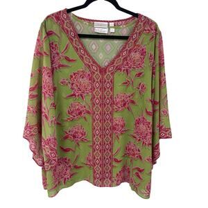 Belle Kim Gravel Green Pink Floral Print Two Piece Set Layered Top Womens XL